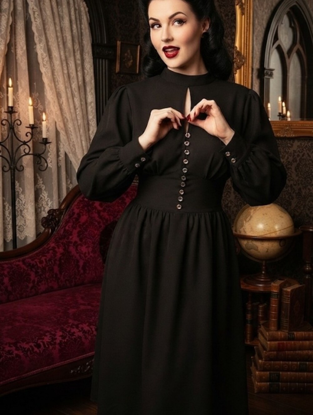 Unique Vintage Black Long-Sleeve Button-Front Midi Dress
